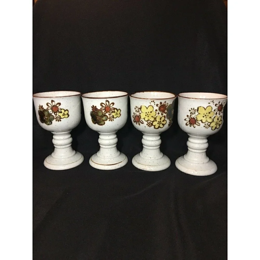 Vintage Otagiri Stoneware Goblets Wine Chalice Pansy Floral Ceramic Speckled